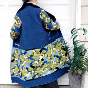 Handmade Floral Patchwork Trench Coat in Blue and Green quilted